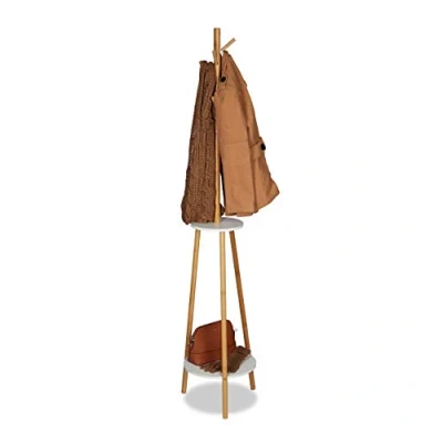 Abbildung von Relaxdays Garderobenständer, 8 Haken, 2 Ablagen, Jackenständer aus Bambus &amp; MDF Holz, Garderobe HxD 181x37cm, natur/weiß