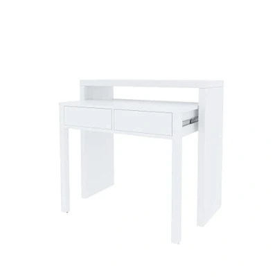 Abbildung von Ausziehbarer Konsolenschreibtisch mit zwei Schubladen, mattweiße Farbe, Maße 98 x 87 36 cm (ausziehbar bis 66 cm)