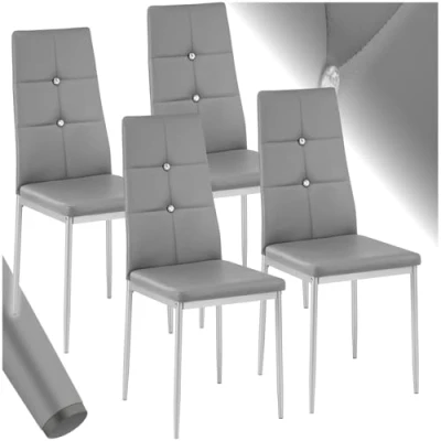 Abbildung von tectake® 4er Set Stühle Esszimmer, 4X bequemer Stuhl Kunstleder mit Glitzersteinen, Esszimmerstühle, Polsterstuhl für Wohnzimmer, Dining Table, Küchentisch, Essstühle, hohe Rückenlehne grau