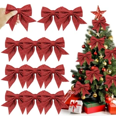 Abbildung von Taufe 12 Stück Weihnachtsschleifen,Schleifen Weihnachtsbaum,Weihnachtsbaum Schleifen,Schleifen Weihnachten,Weihnachtsbaum Bogen Schleife,Glitzer Schleifen Weihnachtsbaum deko,für weihnachtsdeko(rot)