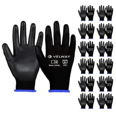 Abbildung von Velway 12 Paar Arbeitshandschuhe Mechaniker Handschuhe Größe 10 Leichte Damen Gartenhandschuhe Rutschfeste mit PU Beschichtete Herren Montagehandschuhe Atmungsaktive Schutzhandschuhe EN388 Schwarz
