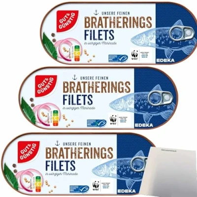Abbildung von Gut&amp;Günstig Bratheringsfilets in würziger Marinade 3er Pack (3x325g Dose) + usy Block
