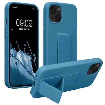 Abbildung von kwmobile Handyhülle kompatibel mit Apple iPhone 13 Hülle Fingerhalter und Standfunktion Silikon Case Handy Cover in Karibikblau