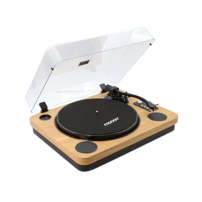 Abbildung von MOOOV 477361 Bluetooth Schallplattenspieler mit integrierten Lautsprechern, USB Aufnahme, Holzoptik, Kompatibel 33/45/78 U/min