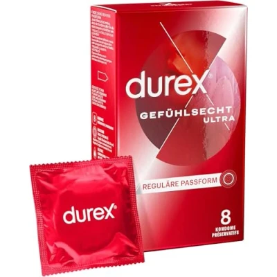 Abbildung von Durex Feel Thin Ultra Kondome Sensi Fit mit 20% dünnerem Material an der Spitze für intensiveres Empfinden Kondom noch mehr Gefühl 8 (1x8)