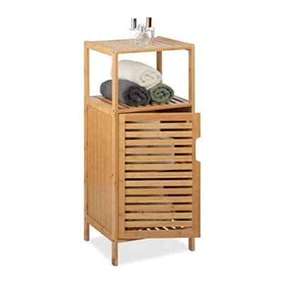 Abbildung von Relaxdays Badschrank Bambus, HBT: 87 x 36,5 33 cm, schmales Badregal mit Tür, 2 offene Ablagen, Badkommode, Natur