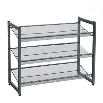 Abbildung von SONGMICS 3 Ebenen Metall Schuhregal, Meshregal, verstellbare Ablage flach oder abgewinkelt Regalböden, stapelbares Lagerregal für Flur, Eingangsbereich, 74 x 62,8 30,7 cm, dunkelgrau, LMR03GB