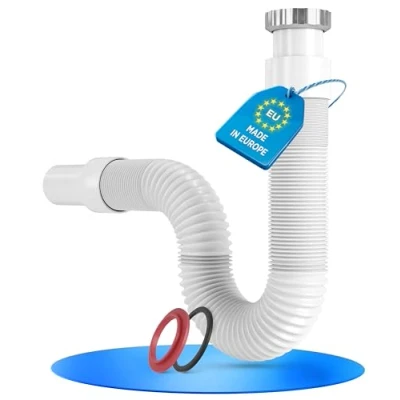 Abbildung von LOBENSWERK Siphon Waschbecken mit hochwertiger Aluminium Mutter G 1 1/4 x 32mm ausziehbar 320 890mm Flexibler Ablaufschlauch für das Badezimmer 100% Wasserdicht