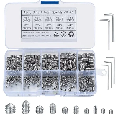 Abbildung von 290 Stk Kegel Kugelkopf Schrauben, M3/M4/M5/M6/M8 Innensechskantschrauben Set, Edelstahl Madenschrauben Gewindestange Schrauben mit Innensechskant für Türgriffe, 5 Stk. Sechskantschlüsseln