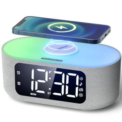 Abbildung von LIORQUE Digitaler Radiowecker mit Kabelloser Ladestation, Bluetooth Wecker Licht, 15W Fast Wireless Charger Qi, LED Display Auto Dimmer, 2 Wecker, Wochenendmodus, Schlafmusik