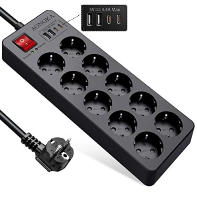 Abbildung von 10 Fach Steckdosenleiste Überspannungsschutz Bis 1700 Joule, Mehrfachsteckdose mit USB C,Steckerleiste Schalter 4 Ladeanschlüsse und Steckdose Wandmontage Verteilersteckdose 1,5M,Schwarz