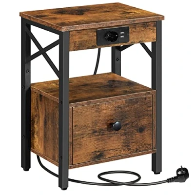 Abbildung von HOOBRO Nachttisch mit Ladestation, Beistelltisch Klappschublade, Nachtschrank USB Anschlüsse und Steckdose, Nachtkommode für Schlafzimmer, Vintagebraun Schwarz EBF128CBZ01G1