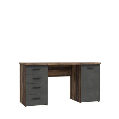 Abbildung von FORTE NET106 Schreibtisch mit 4 Schubladen und 1 Tür, Holzwerkstoff, Old Wood Vintage/Betonoptik Dunkelgrau, B x H T: 145 76,3 60 cm