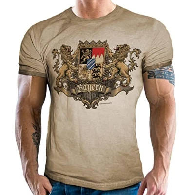 Abbildung von Herren Trachten T Shirt im Vintage Retro Used Look Für echte Bayern Fans: Königliches Bayernwappen