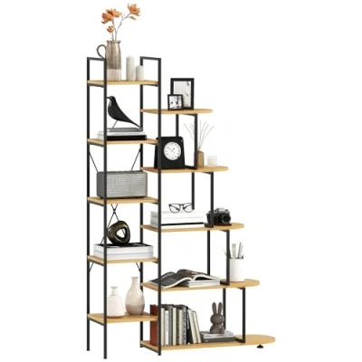 Abbildung von HOMCOM Bücherregal, Standregal mit 10 Ebenen, Aufbewahrungsregal, Küchenregal, Lagerregal im Industriedesign für Wohnzimmer, Arbeitszimmer, Stahl, Natur