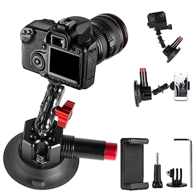 Abbildung von FAEFTY Kamera Auto Saugnapf Halterung, Camera Suction Cup Mount mit 360¡ã Doppelkopf Magic Arm und Schnellspanner Vakuum, Saugnapfhalterung 1/4 3/8 Schrauben Telefonhalterung