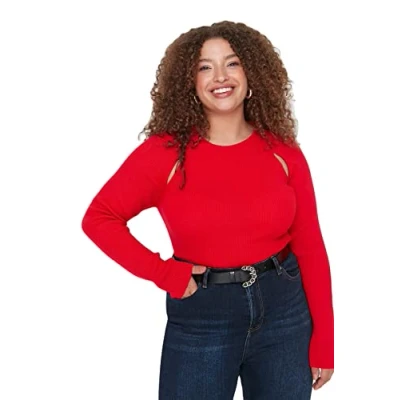 Abbildung von TRENDYOL Damen Pullover mit Rundhalsausschnitt, Einfarbig, Normale Passform, Übergröße Sweatshirt, Rot, 4XL EU