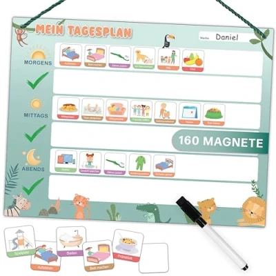 Abbildung von Mini Mindz Magnettafel Tagesplaner Kinder Montessori Mit 160 Magnete &amp; Stift, Kordel Komplett beschreib und abwischbar