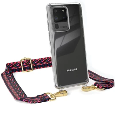 Abbildung von EAZY CASE Handykette Verstellbarer Trageriemen kompatibel mit Samsung Galaxy S20 Ultra / 5G, Schulterriemen, Handykordel Case, Gürteltasche Hülle, Pink/Blau Metallstücke Gold