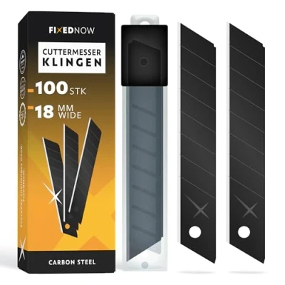 Abbildung von FixedNow 100 x Cuttermesser Klingen Schwarz 18mm extra scharf aus Japanischer Carbonstahl für und Teppichmesser Utility Knife Kattermesser Ersatzklingen Tapeziermesser