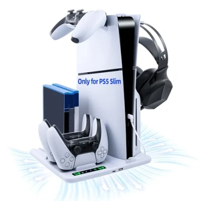 Abbildung von Tolesum Kühler für PS5 Slim Standfuß,Ständer mit 3 Stufen Lüfter Zubehör,Ladeständer Dual Controller Headset Hook &amp; 6 Spiele Lagerung Playstation 5 Disc/Digital Edition