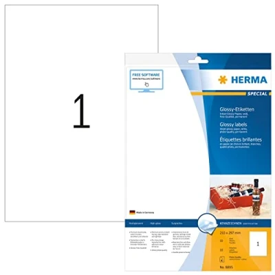 Abbildung von HERMA 8895 Hochglanz Etiketten für Inkjet Drucker, 10 Blatt, 210 x 297 mm, 1 pro A4 Bogen, Stück, selbstklebend, bedruckbar, glänzend, blanko Klebeetiketten Aufkleber Tintenstrahldrucker, weiß