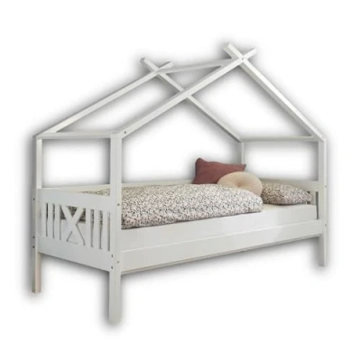 Abbildung von Stella Trading Stilvolles Einzelbett 90 x 200 cm mit Himmelvorrichtung Komfortables Jugendzimmer Bett aus massiver Kiefer, Weiß 98 170 209 (B/H/T)