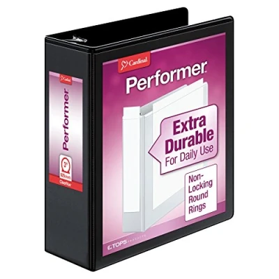 Abbildung von Cardinal 3 Ringbuch, 7,6 cm Performer ClearVue Binder, runde Ringe, 625 Blatt Kapazität, anpassbare Abdeckungen, PVC frei, schwarz (67525)