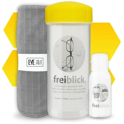 Abbildung von Freiblick Brillenbad (Gelb) im Set mit 50ml Spezialreiniger und Mikrofasertuch Brillenputztuch in Optiker Qualität Brillenreinigung für jede Brille