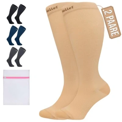 Abbildung von 360 Relief Kompressionsstrümpfe Damen und Herren 2 Paare Kompressionssocken Einfarbig für Sport, Laufen, Flug, Reise, Joggen, Radsport, Kniestrümpfe, 4XL Beige mit Wäschenetz