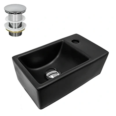 Abbildung von LuxeBath Waschbecken Aufsatzwaschbecken aus Keramik für Badezimmer/Gäste WC (Komplett Set), Schwarz matt 35,5x20,5x12,5cm klein inkl. Ablaufgarnitur