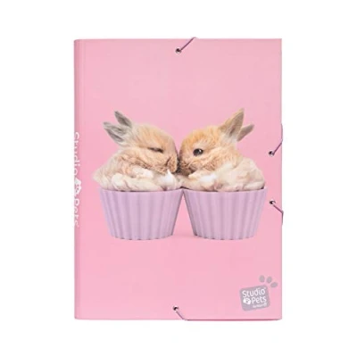Abbildung von Grupo Erik Mappe A4 Sammelmappe Studio Pets Rabbits Dokumentenmappe mit Gummizug Heftmapppe Schule Zubehör Heftbox Schulranzen Eckspanner Ordnungsmappe Ordner Rosa