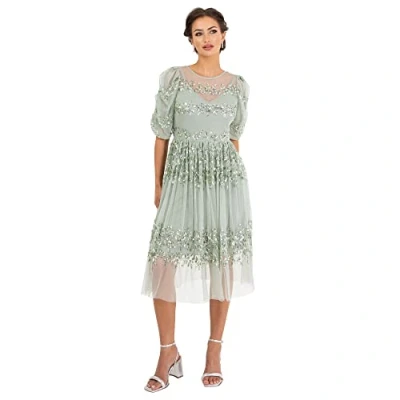 Abbildung von Maya Deluxe Damen Womens Midi Ladies Sequin Embellished Short Sleeve Dress for Wedding Guest Bridesmaid Prom Ball Evening Occasion Kleid, Green Lily, 42
