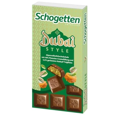 Abbildung von Schogetten Dubai Style Schokolade 100g, limitierte Schokoladentafel mit Pistazie &amp; Kadayif Crunch, praktisch einzeln portioniert