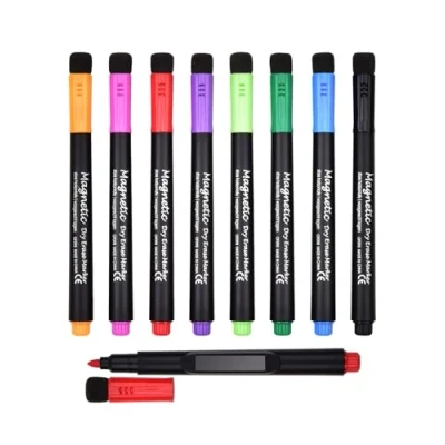 Abbildung von Willingood Folienstift abwischbar, 8 stück Whiteboard Marker, trocken abwischbar Stifte, Marker magnetisch, mit Schwamm Rundspitze, Erase Radiergummi