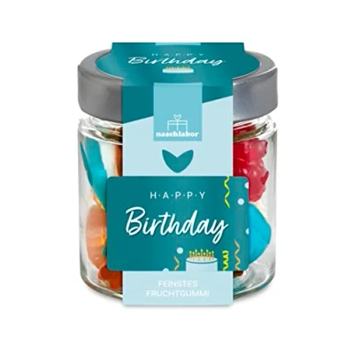Abbildung von Happy Birthday Fruchtgummis Geburtstagsgeschenk Geschenk zum Geburtstag Dein Mitbringsel in dem praktischen Vorratsglas