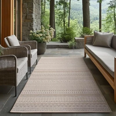 Abbildung von Carpetsale24 Outdoor Teppich Beige 80x150 cm Läufer, Wetterfest &amp; UV beständig, ideal für Küche, Balkon, Terrasse auch Wohnzimmer und Esszimmer, Skandinavisches Boho Design, Leicht zu Reinigen