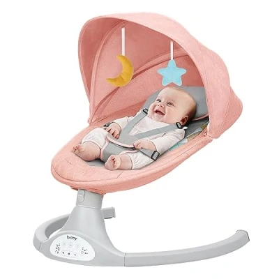 Abbildung von Bioby Babywippe Elektrisch mit 5 Natürlichen Schaukelgeschwindigkeiten, Bluetooth Musik Fernbedienung &amp; Punkt Gurt, leichte Baby Wippe für 2 9 kg, 0 12 Monate（Rosa）