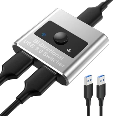 Abbildung von USB 3.0 Switch 2PC, Bidirektional Umschalter 2 in 1 Out / Out, Switcher für PC Gemeinsame Tastatur Maus Scanner Drucker mit USBKabeln
