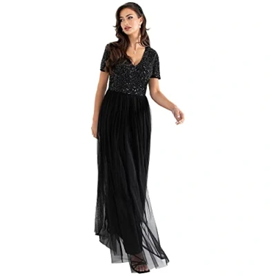 Abbildung von Maya Deluxe Damen Ballkleid Abendkleid V ausschnitt Maxi Länge Pailletten Kurze Ärmel Für Hochzeit Geburtstag Brautjungfer Bridesmaid Dress, Schwarz, 38 EU