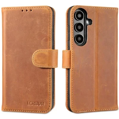 Abbildung von LENSUN Echtleder Hülle für Samsung Galaxy S24, Handyhülle [Echtes Leder] [RFID Schutz] [Kartenfach] Lederhülle Handytasche S24 5G Vintage Braun