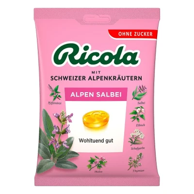 Abbildung von Ricola Alpen Salbei, 18 Beutel original Schweizer Kräuter Bonbons mit 13 Alpenkräutern &amp; würzigem zuckerfrei, x 75g, vegan