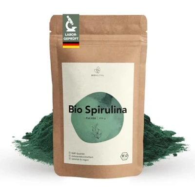 Abbildung von BIONUTRA® Bio Spirulina Pulver 250 g, rückstandskontrolliert, nach EU ÖKO Standard hergestellt, vegan, laktose &amp; glutenfrei, ohne Zusätze,