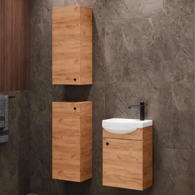 Abbildung von Planetmöbel Badset aus Unterschrank 40cm mit Waschbecken und 2X Midischrank in Gold Eiche, Set für Badezimmer 4 teilig