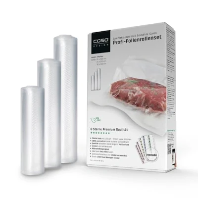 Abbildung von CASO Profi Folienrollen Set 4 / für Vakuumierer, Vakuumiergerät, Vakuumier Rollen 1 St. 20x600cm, 25x600cm, 30x600cm, Vakuumbeutel Vakuumierbeutel Lebensmittel, BPA frei