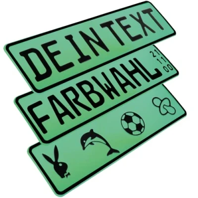 Abbildung von L &amp; P Car Design FKZ 1 Stück Fun kennzeichen 52cm x 11cm Wunschtext Bohrung Beschichtungsfarbe Individuell Wunschkennzeichen Wunschprägung Namens Namensschild Farbe GRÜN