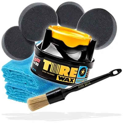 Abbildung von detailmate Reifen und Kunststoffpflege Bundle Premium Soft99 Tire Black Wax 170g + Nuke Guys Detailing Pinsel 4X Applikatorpad 2X Mikrofasertuch Reifenwachs mit Färbungseffekt