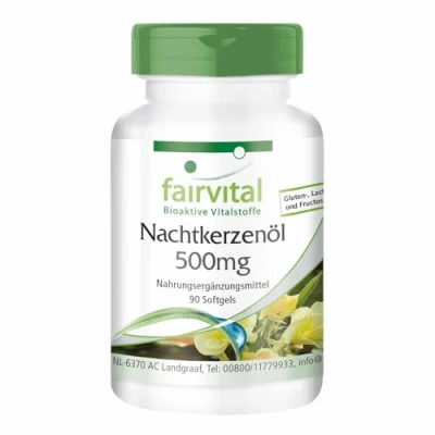 Abbildung von Fairvital Nachtkerzenöl 500mg 90 Softgels hochdosiert mit 1000mg pro Tagesdosis 10% Gamma Linolensäure GLA + 20mg natürliches Vitamin E