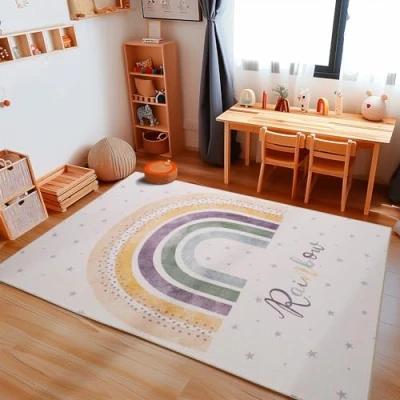 Abbildung von Carpetsale24 Kinderteppich Regenbogen Muster Jungen Mädchen Babyzimmer Teppich Kinderzimmer Creme Teppich, Maße:140 x 200 cm, Farbe:Creme