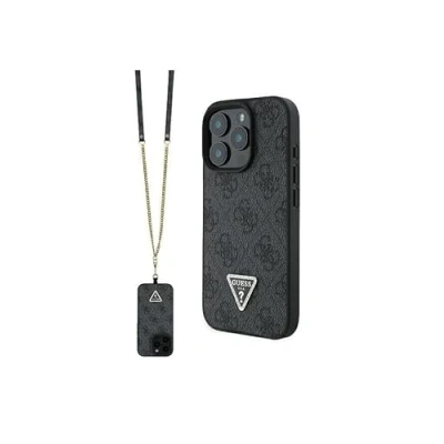 Abbildung von CG MOBILE iPhone 16 Pro Max Cover mit einem Band, Logo und Lederdesign, genehmigt von der globalen Marke Guess. (Schwarz)